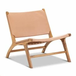 Best Pirce ✨ Australia Sale - L3 Home Casey Nude Tan Flat Genuine Leather Solid Natural Teak Wood Lounge Chair 🥰