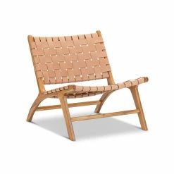 Promo 👍 Australia Only - L3 Home Casey Nude Tan Woven Leather Solid Natural Teak Wood Lounge Chair 🤩