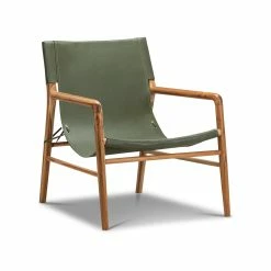 Best Sale 🔔 L3 Home Norah Leather Sling Armchair In Olive Green With Solid Teak Wood Dark Olive Green - To Australia 🔔