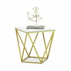 Discount 🤩 Australia Only - L3 Home Vivianne White Marble & Brushed Gold Geometric Side Table ❤️