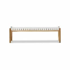 Cheapest 😀 Australia Sale - L3 Home Lazie White Leather Strapping Teak Wood Bench 😀 -L3 Home Sales 6df7ae66b09944dd8be505db16abbc40