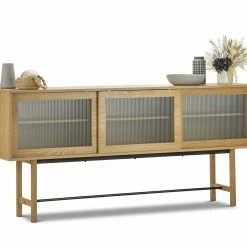 Discount 🥰 Australia Only - L3 Home Arae 3 Door Fluted Glass Designer 210cm Large Sideboard Buffet In Natural Oak 🤩