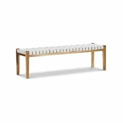 Cheapest 😀 Australia Sale - L3 Home Lazie White Leather Strapping Teak Wood Bench 😀 -L3 Home Sales b91ce602fff44c83a0e167980f8dc294