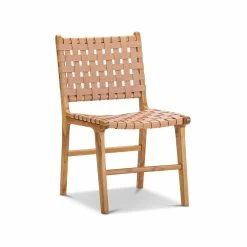 Brand new π L3 Home Casey Set Of 2 Nude Tan Woven Leather Natural Teak Wood Dining Chairs - To Australia π